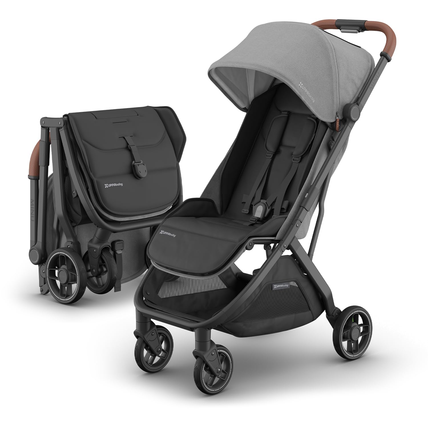“UPPAbaby MINU V3 lightweight stroller on city sidewalk.”