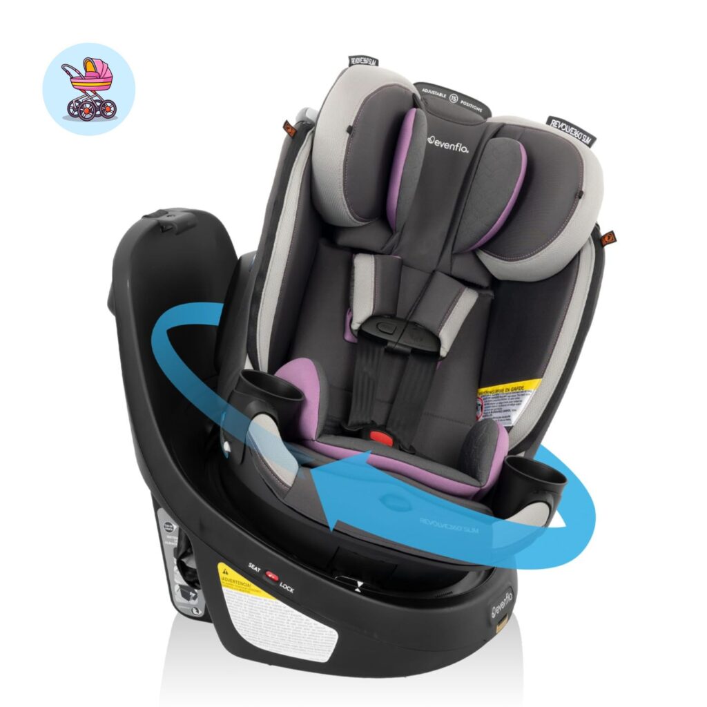 ODUCT IMAGE PLACEHOLDER] ALT TEXT: "Evenflo Revolve 360 Slim rotating car seat — showing 360-degree rotation feature