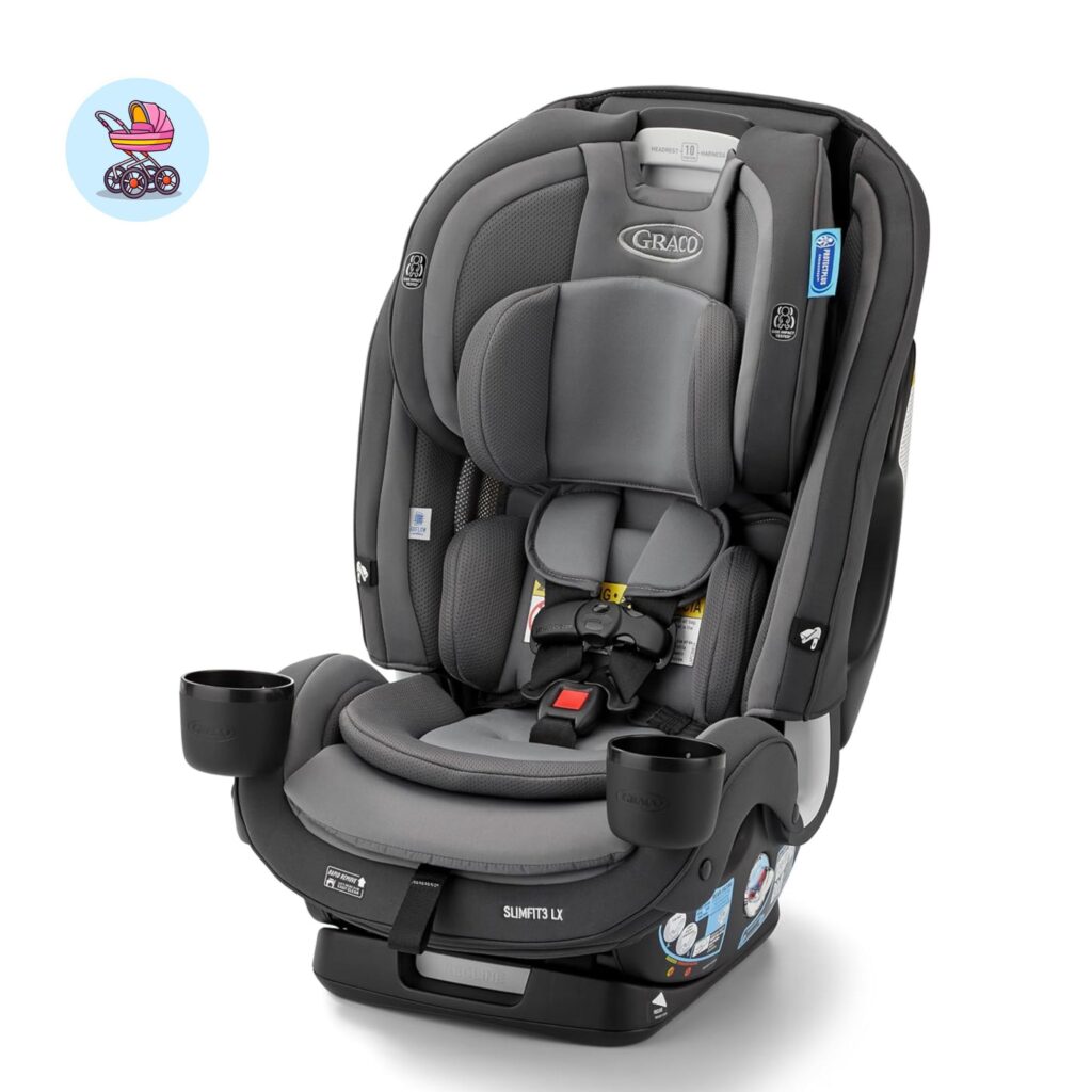 Graco SlimFit3 LX 3-in-1 car seat front view — narrowest convertible seat for 3-across families
