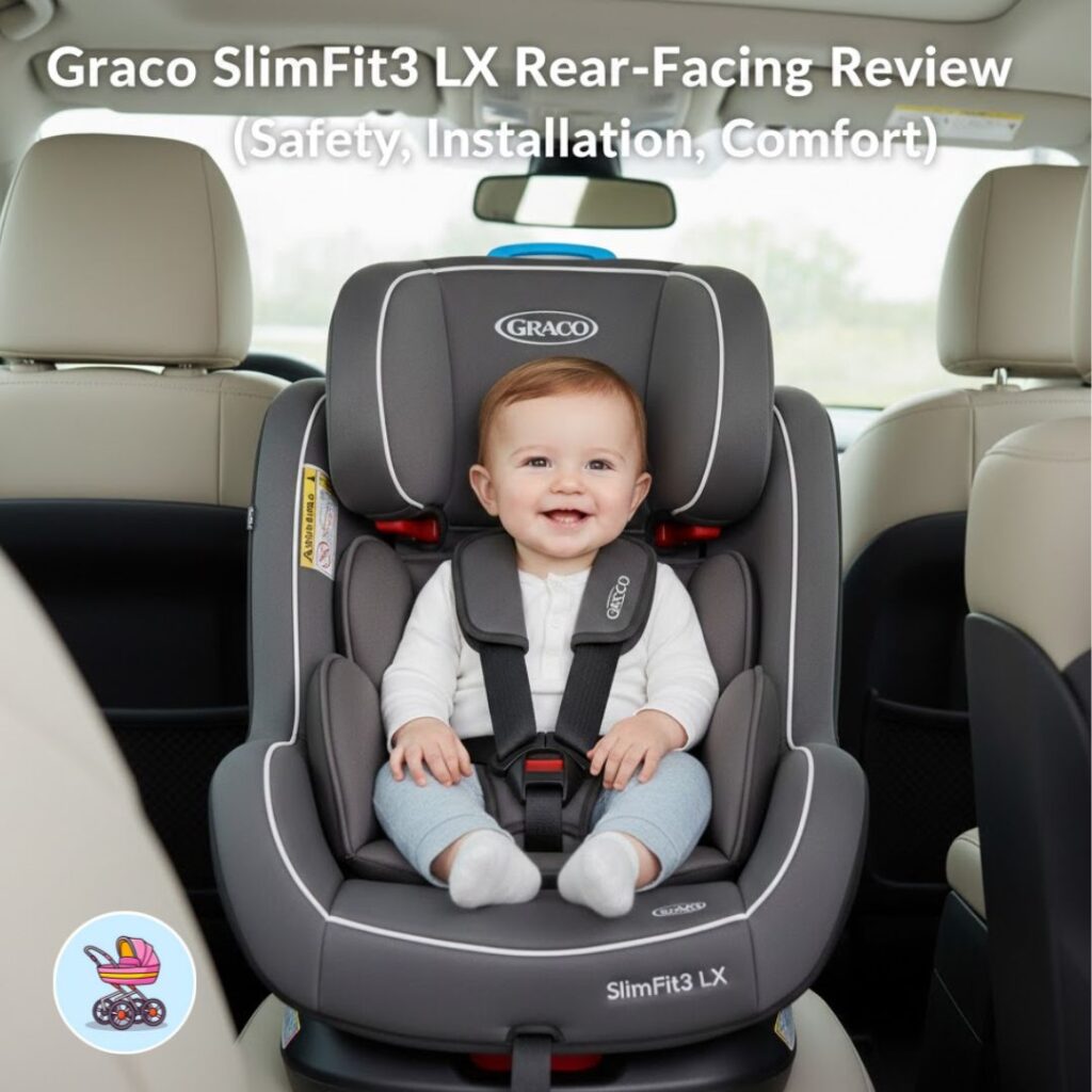 Graco SlimFit3 LX narrow convertible car seat side view showing 16.7 inch width