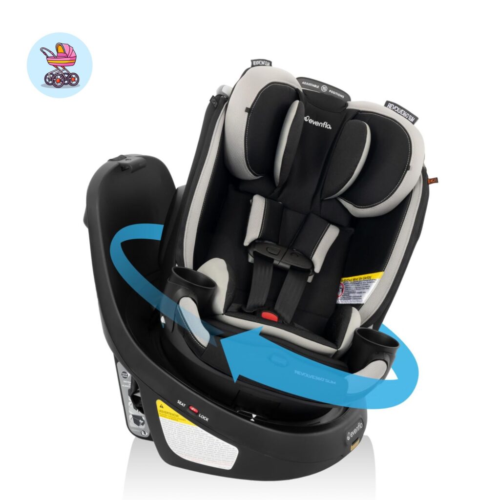 Evenflo Revolve 360 Slim rotating car seat in gray — narrow 16.7-inch convertible car seat for small cars