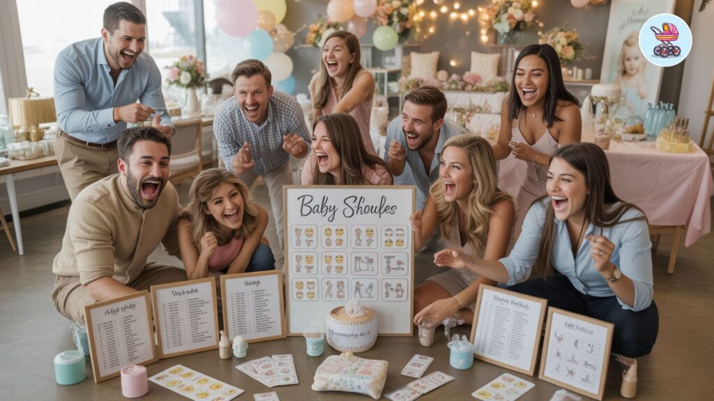 women laughing and playing baby shower games that don't suck at a decorated party table