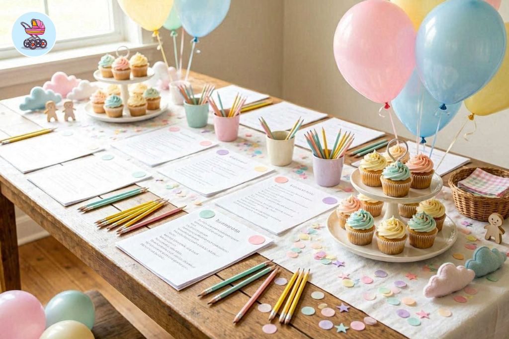 baby shower word scramble printable sheet showing easy medium and hard word categories