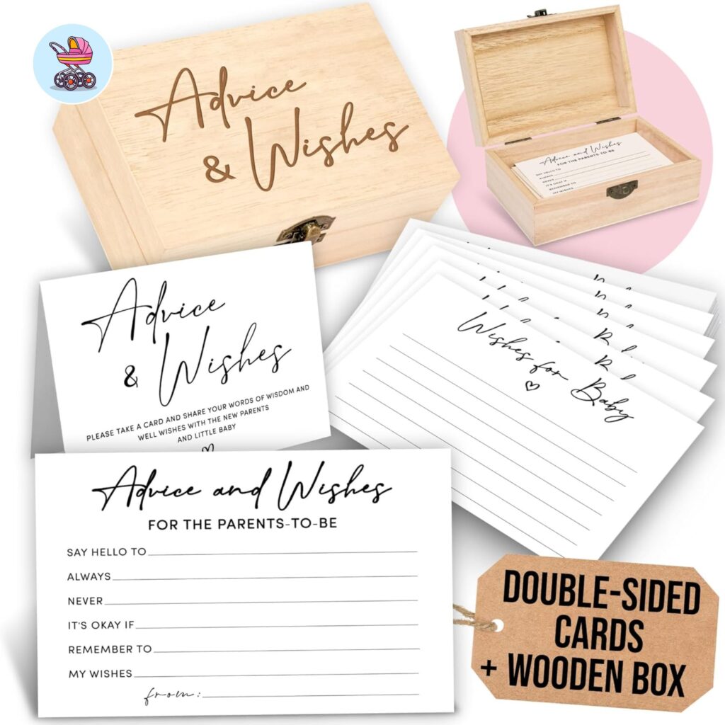 kraft paper advice diaper message cards with a marker set for baby shower keepsake game on a wooden table