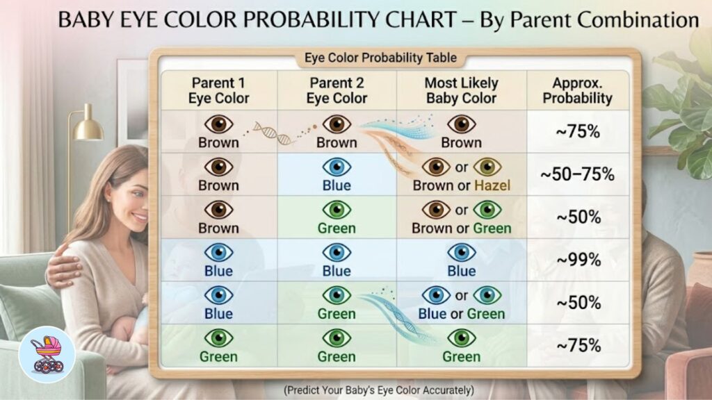 Baby eye color probability chart showing results for different parent color combinations