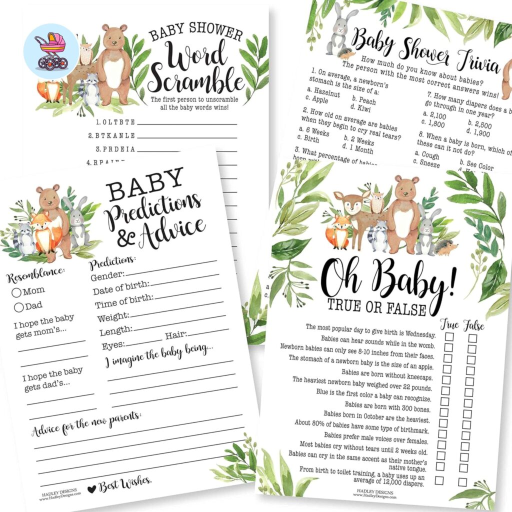 woodland animal theme baby shower game cards pack on Amazon — gender neutral