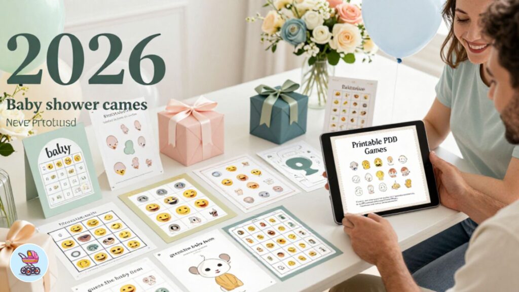 collection of printed baby shower game sheets with pens on a decorated table