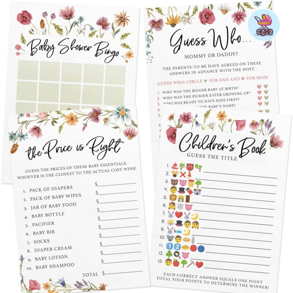 baby shower printable game bundle with bingo cards word scramble and trivia sheets on a party table