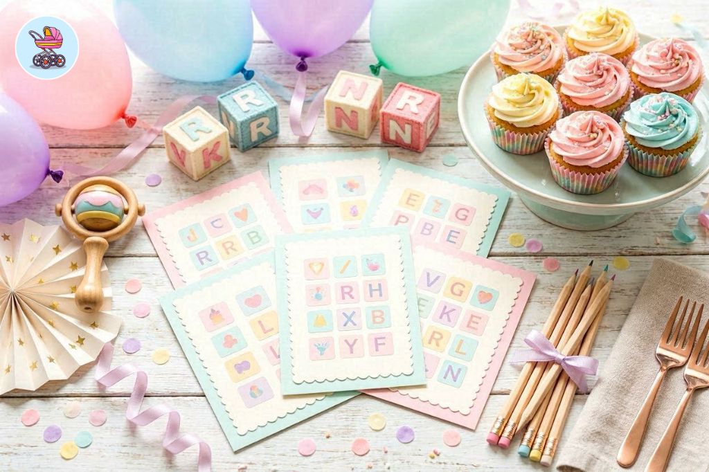 baby shower scramble game printable cards on a decorated table with pens and confetti