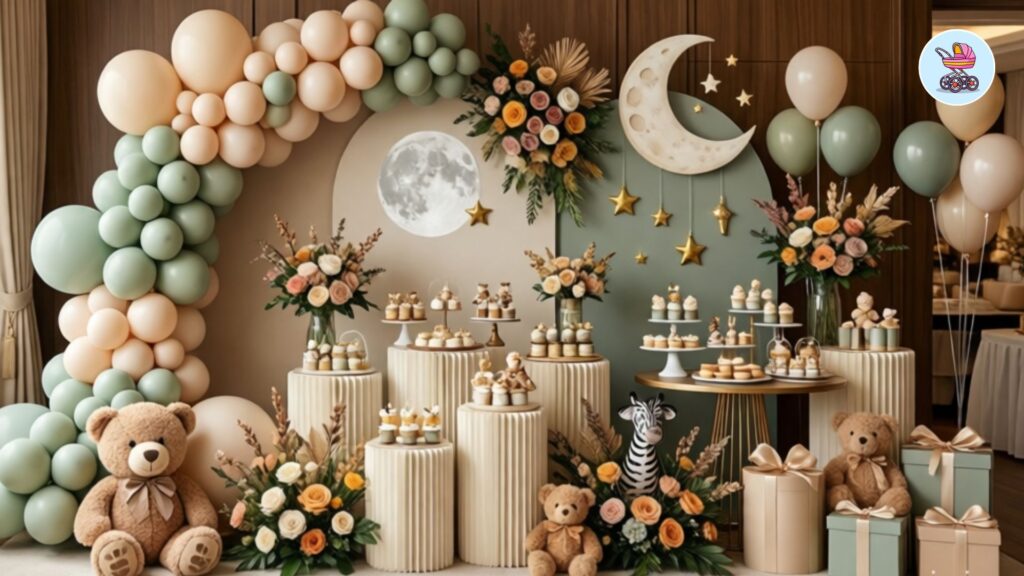 best baby shower themes 2025 decoration ideas flatlay with flowers balloons and neutral decor