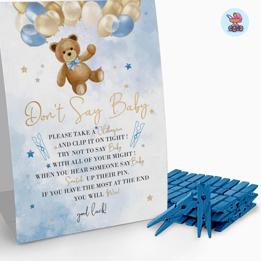 rose gold clothespins for don't say baby shower game displayed in a small decorative jar on a party table