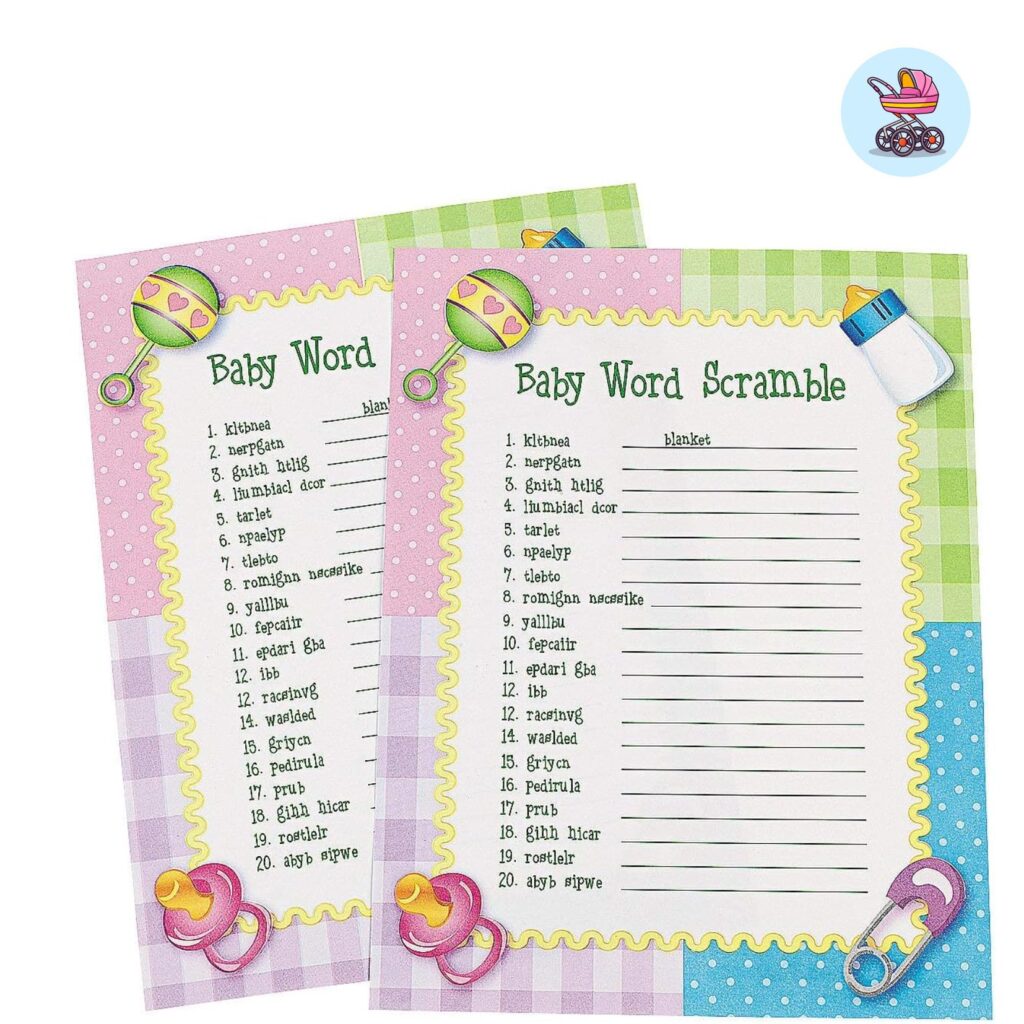 Fun Express baby shower word scramble game pack with 24 illustrated playing sheets