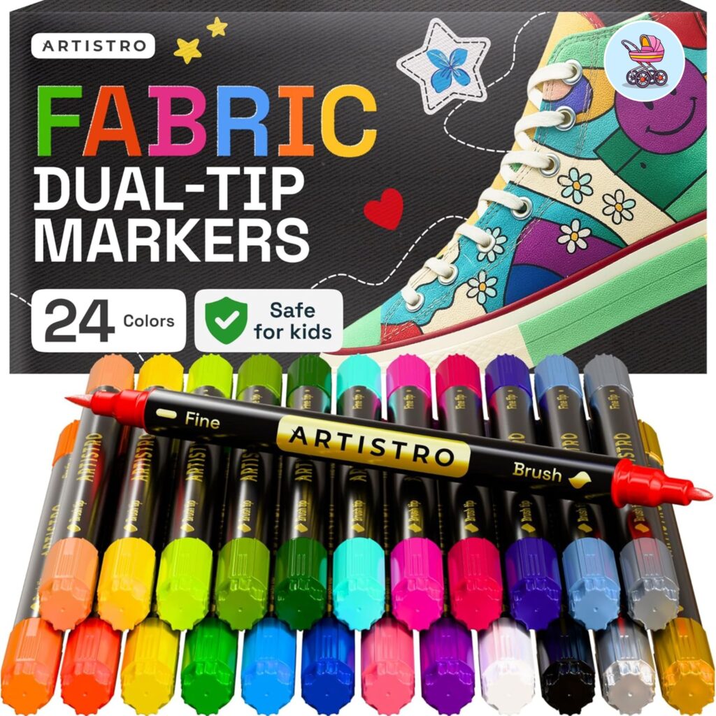 onesie decorating kit with blank white baby onesies and colorful fabric markers for baby shower craft game