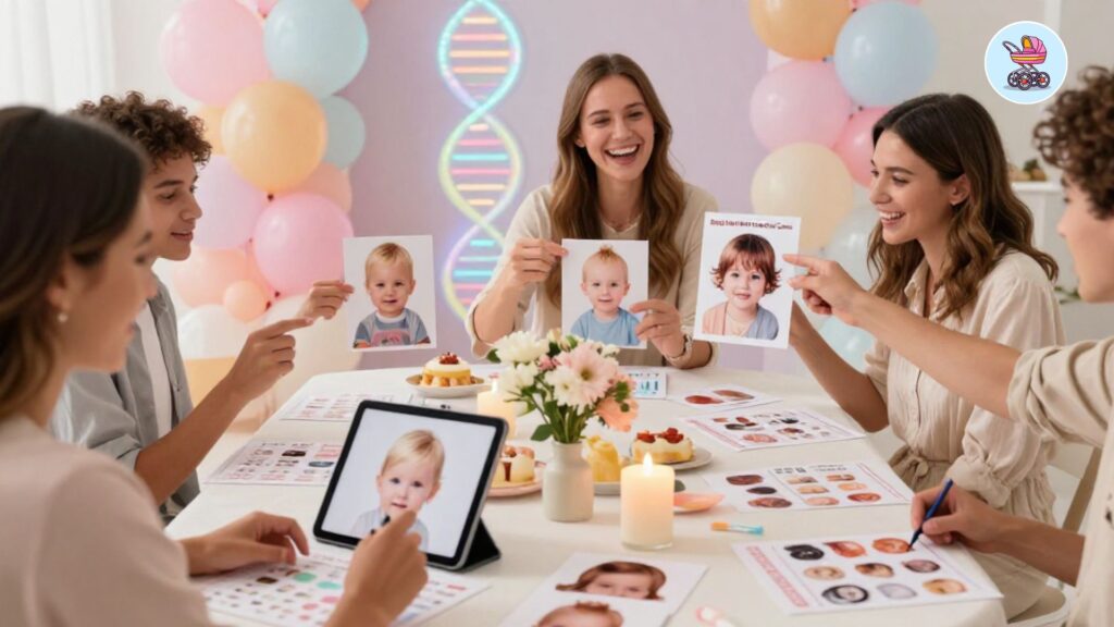 Baby shower guests playing a baby hair color guessing game with printed prediction sheets