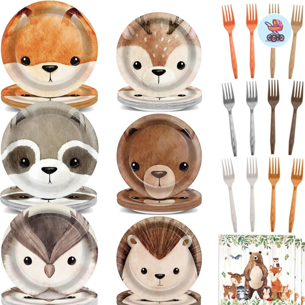 woodland baby shower party supplies set with animal figurines and greenery banner